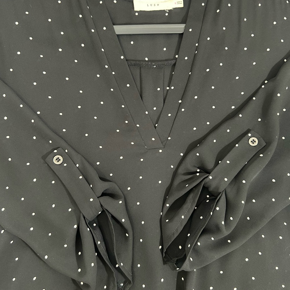 Lush Black with White Polka Dots, 3/4 Sleeve Relaxed Blouse - Picture 8 of 10